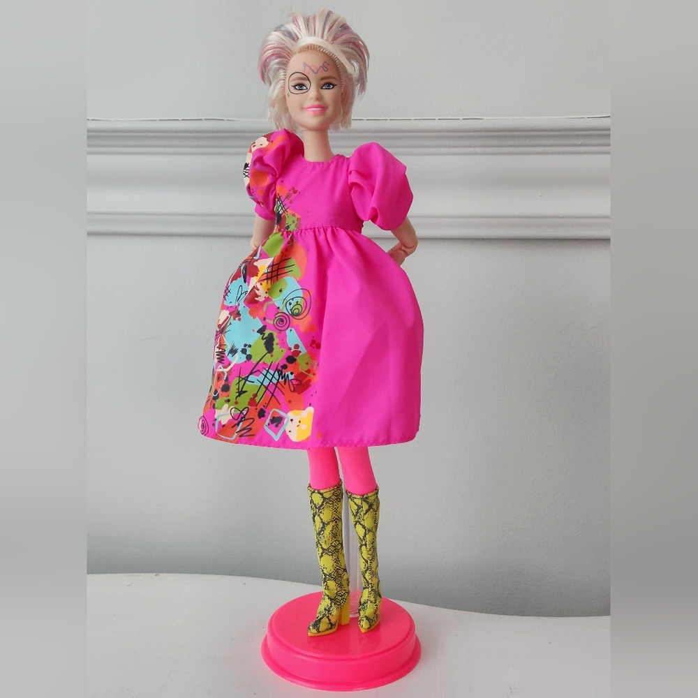 Weird Barbie: Mattel Pink Doll with Neon Print Dress and Yellow Snake Boots